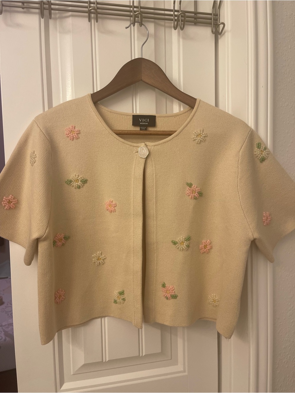 Vici Cream Short-Sleeve Embroidered Floral Cardigan